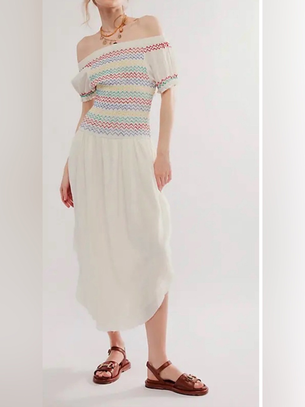 NEW FREE PEOPLE WHITE COMBO CATCH ME EMBROIDERED OFF SHOULDER MIDI DRESS SZ L